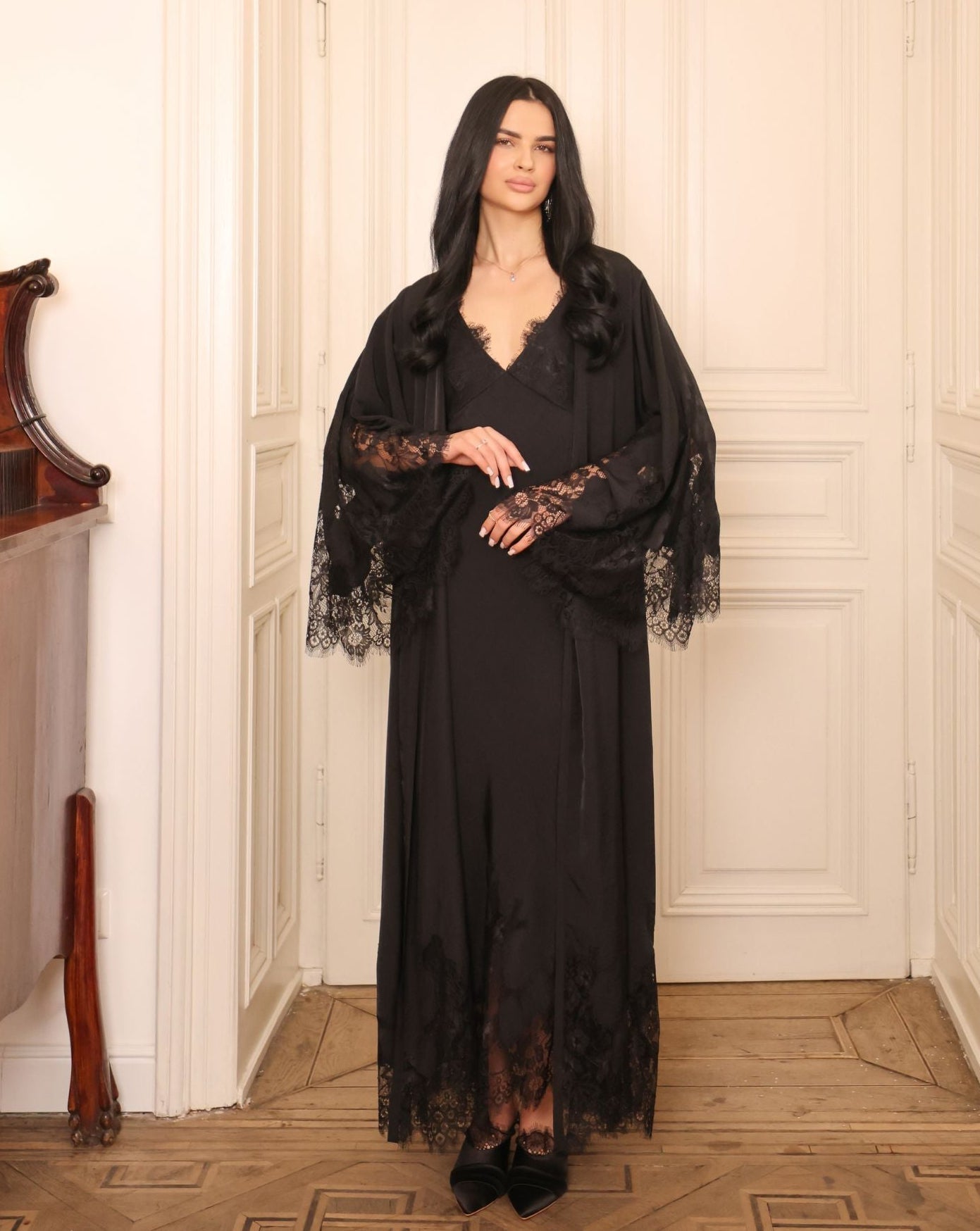 A full-length view of the Robe and Nightgown Set, showcasing the wrap-over style and long, comfortable sleeves.