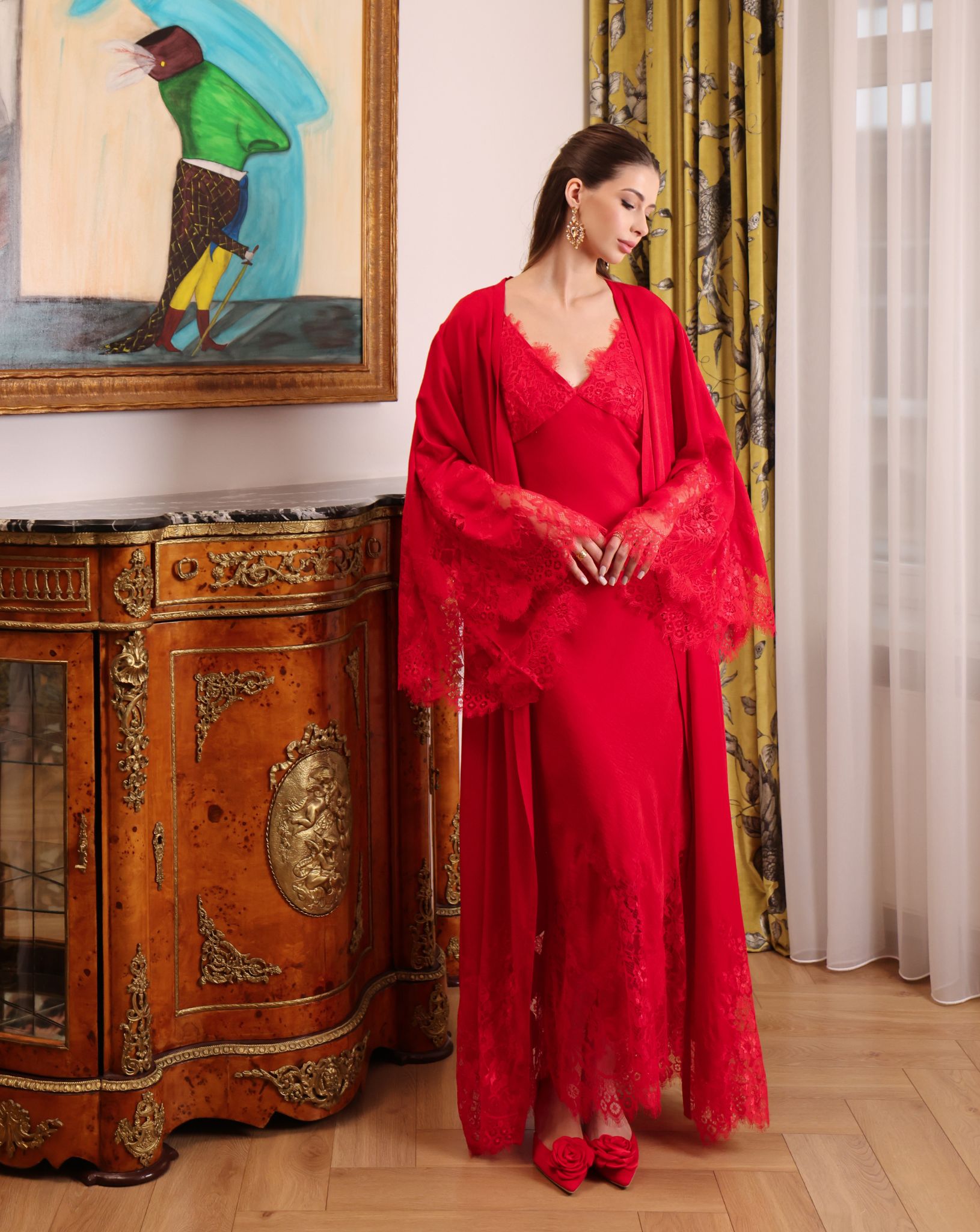 A full-length view of the Robe and Nightgown Set, showcasing the soft cotton-viscose blend and beautiful sleeves.
