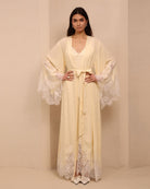 A frontal shot of the Robe and Nightgown Set tied with a belt, illustrating a clean look and adjustable fit.