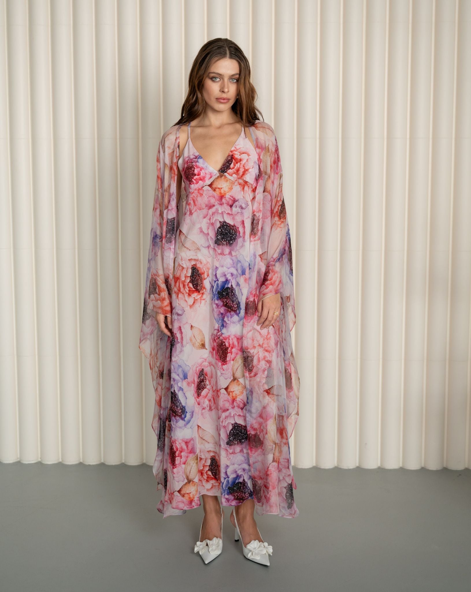 Static pose in the Silk Robe and Nightgown Set, showcasing the luxurious combination of silk crepe and chiffon.