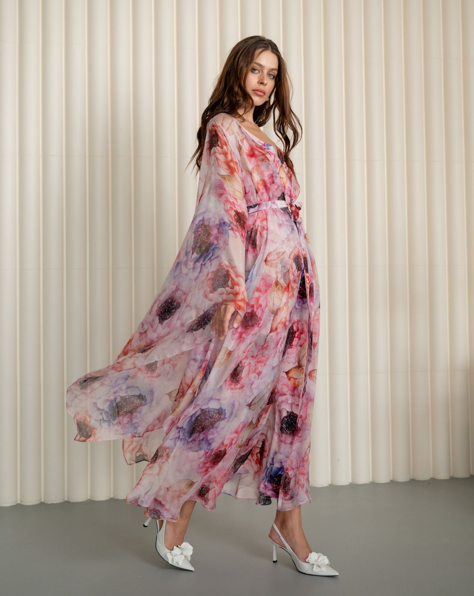 Floral Silk Robe and Nightgown Set in motion, showcasing the fluid grace of the weightless silk chiffon fabric.