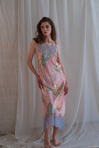 Model Wearing a Long Silk Nightgown