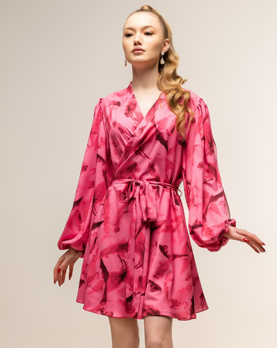 Pink Wrap Dress Long Sleeve with Slit