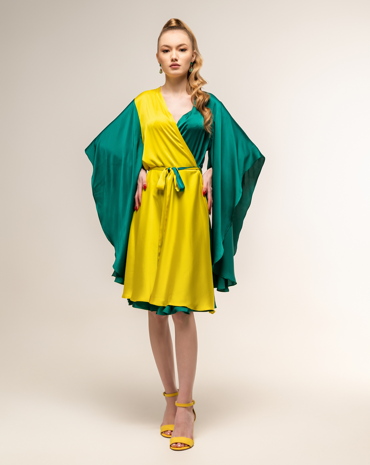 Midi Green Dress Wrap Long Sleeve