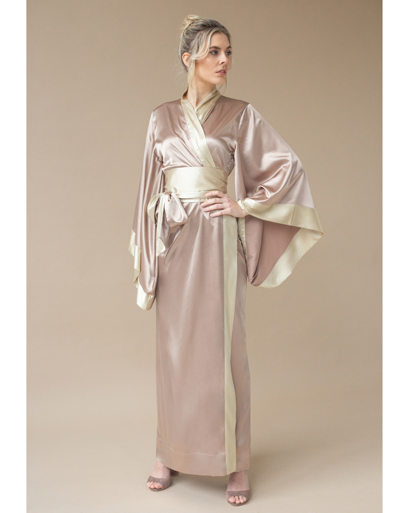 Kami Long Satin Kimono Robe - Beige