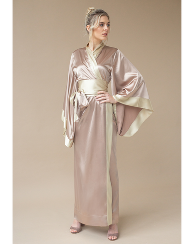 Kami Long Satin Kimono Robe - Beige