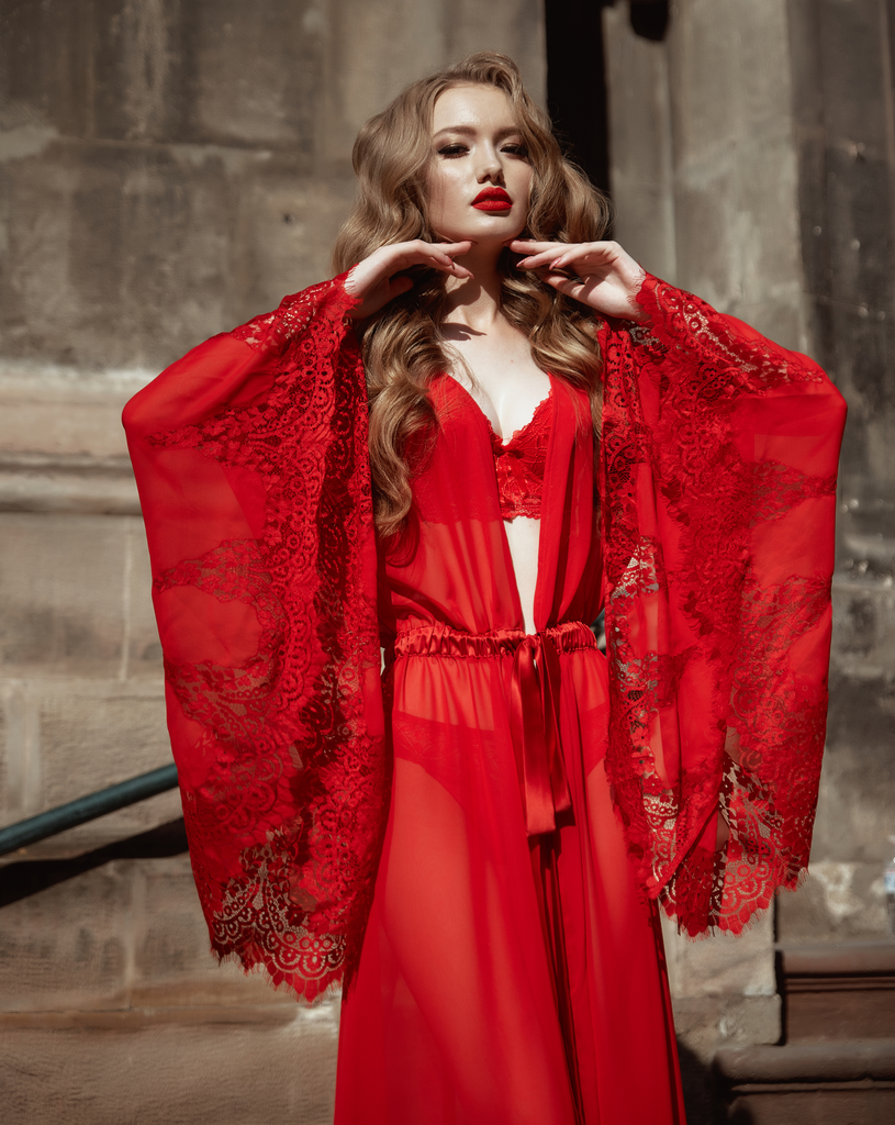 Sabina Elegant Sheer Robe - Red
