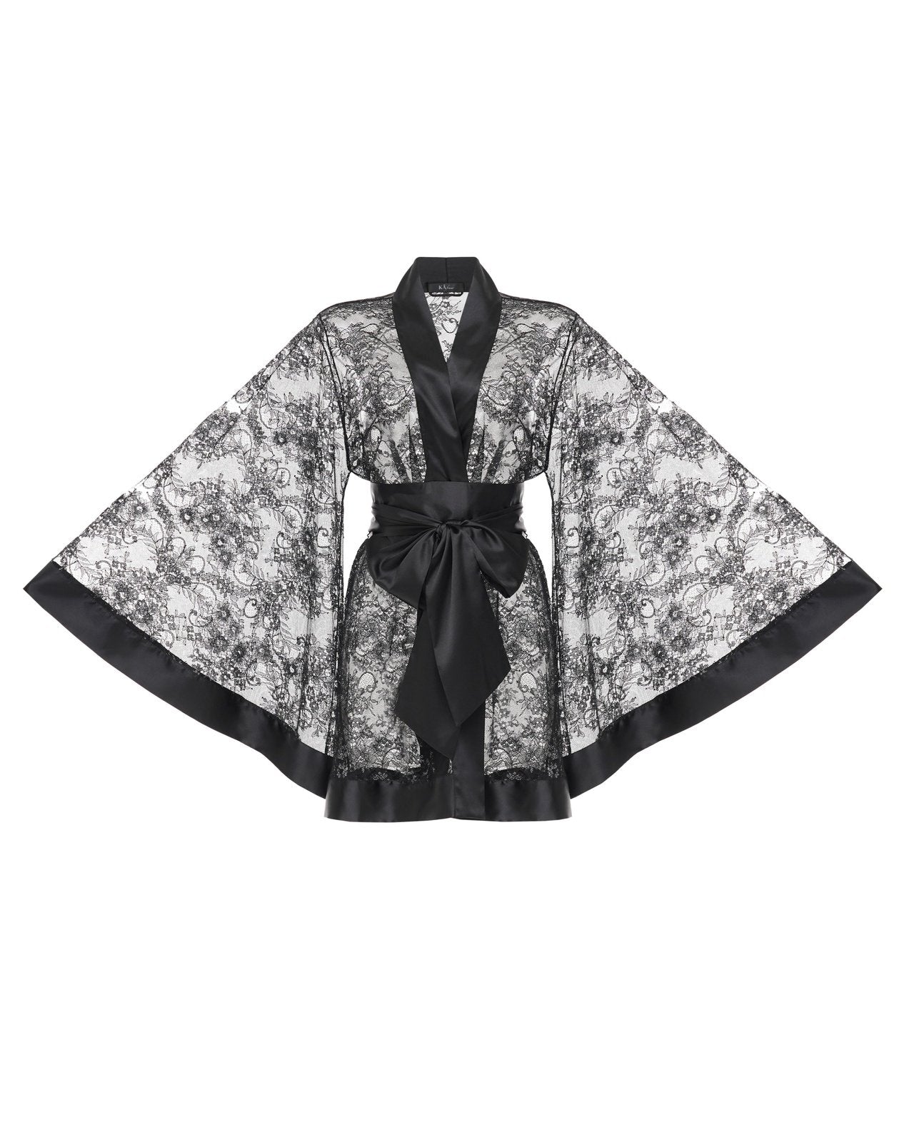 Flat lay of black lace kimono with satin obi belt