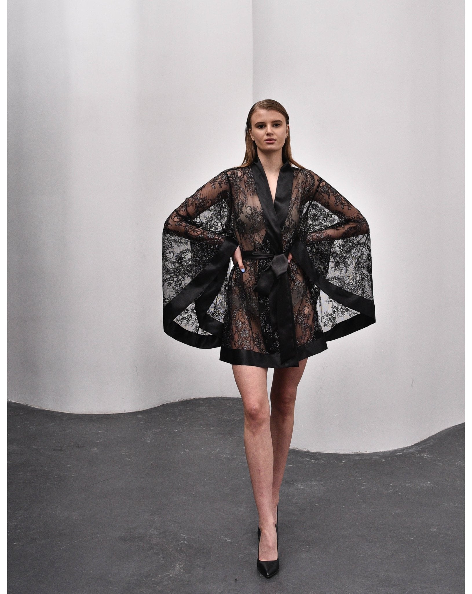 Black lace kimono robe with silver trim, short robe lace