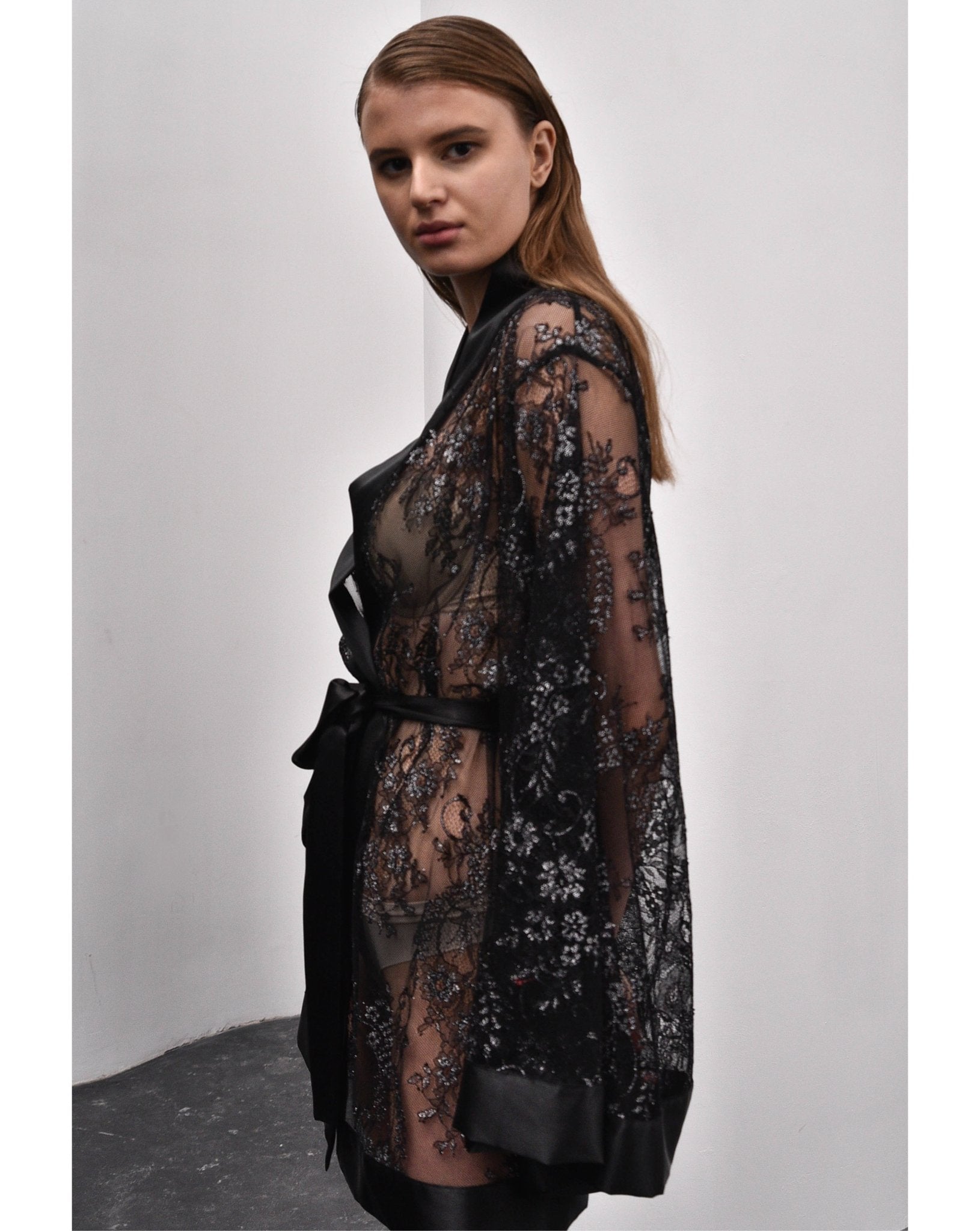 Side view of black sheer lace kimono robe