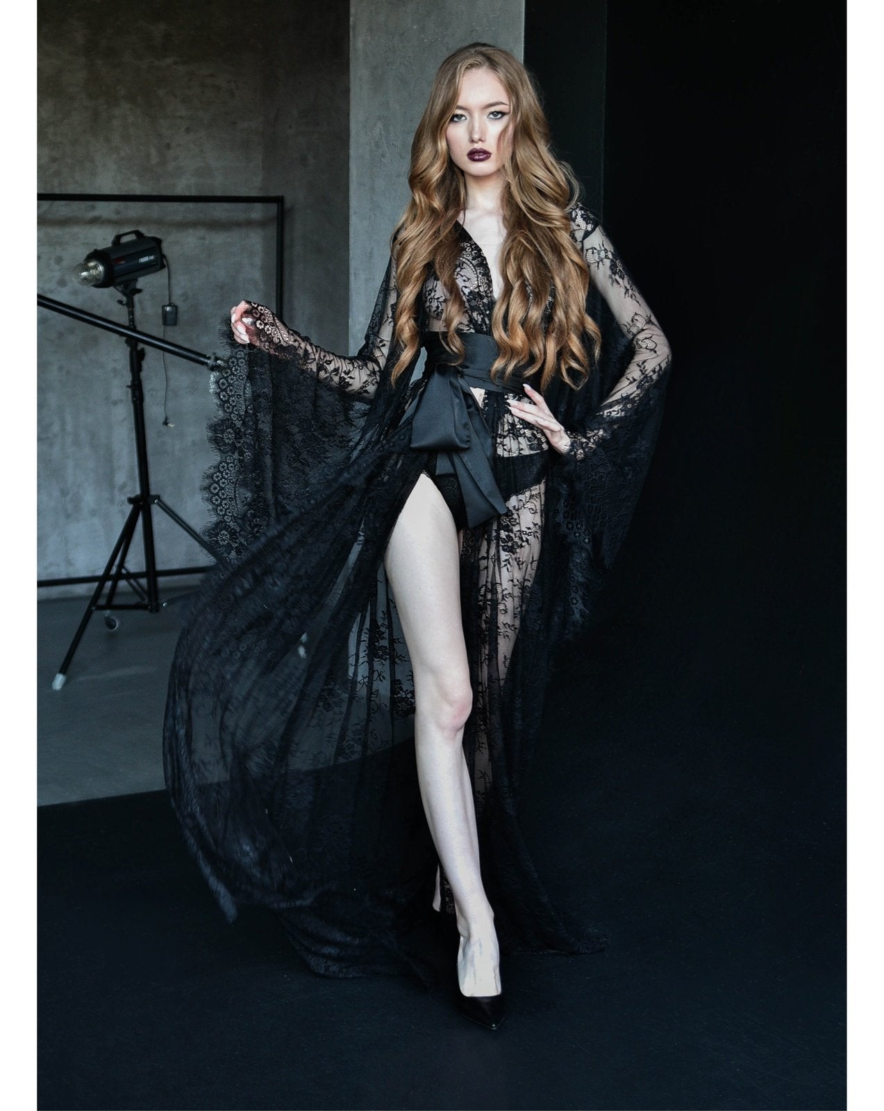 Black sheer lace robe styled with high heels