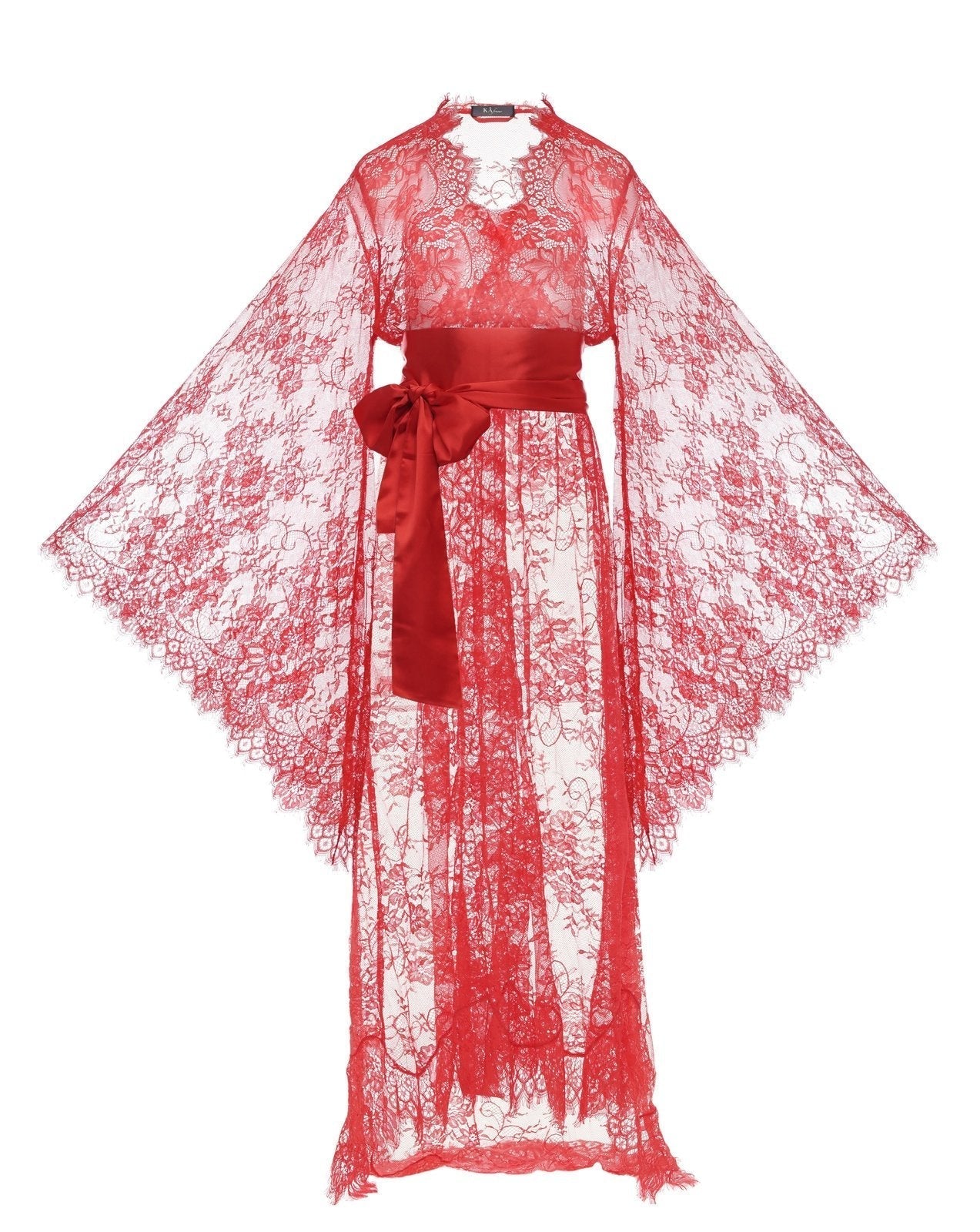 Flat lay of red lace robe with kimono-style sleeves