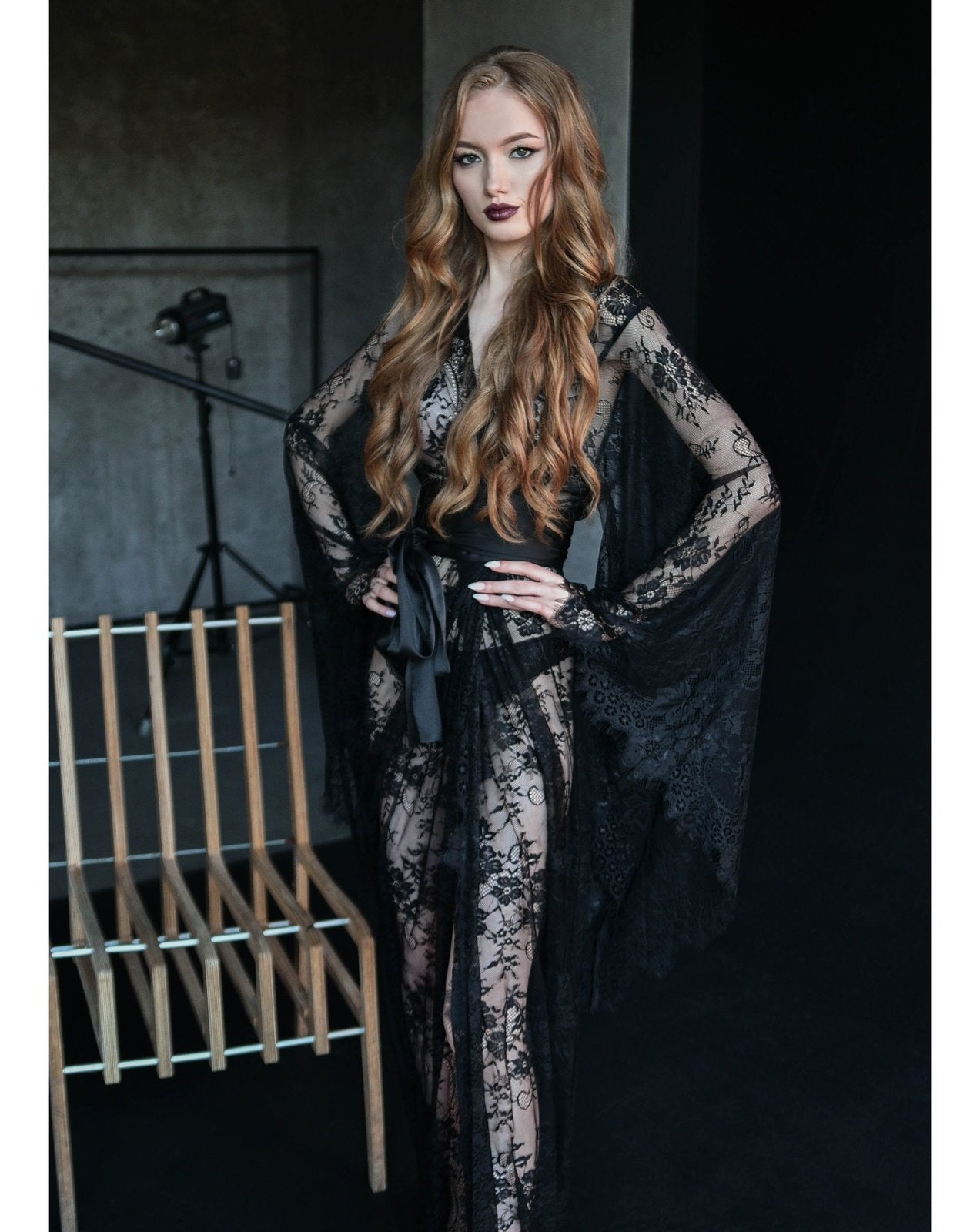 Black floral lace robe styled over lingerie