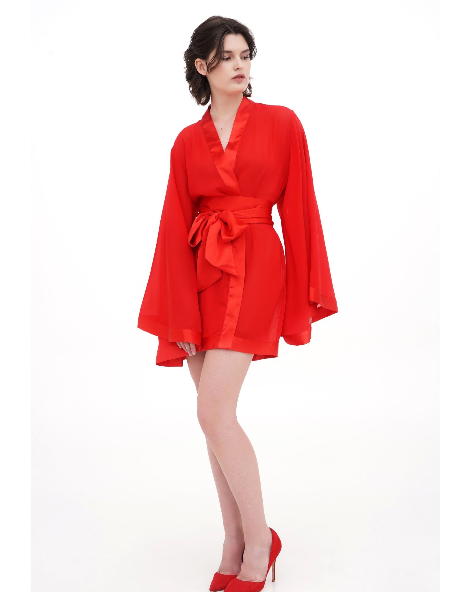 Sheer red kimono robe styled as evening lingerie – Kafemme