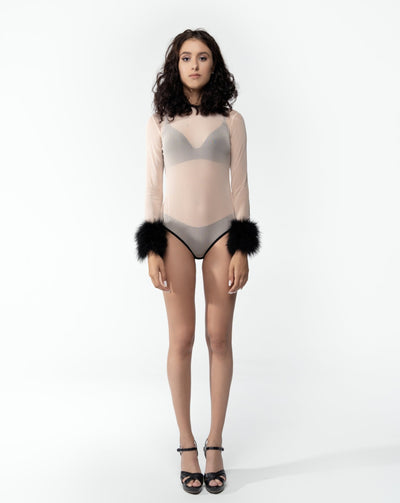 Mesh Black Sheer Sexy Bodysuit With Feather