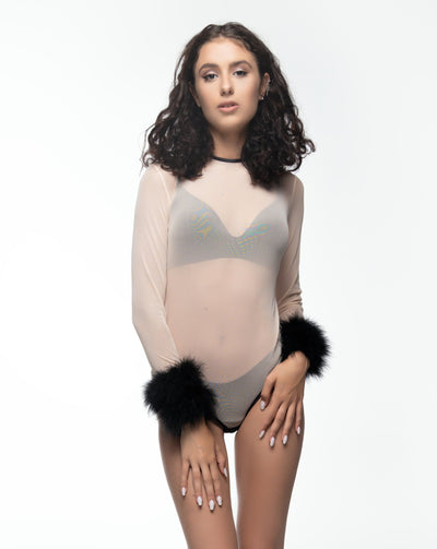 Mesh Nude Sheer Sexy Bodysuit With Feather
