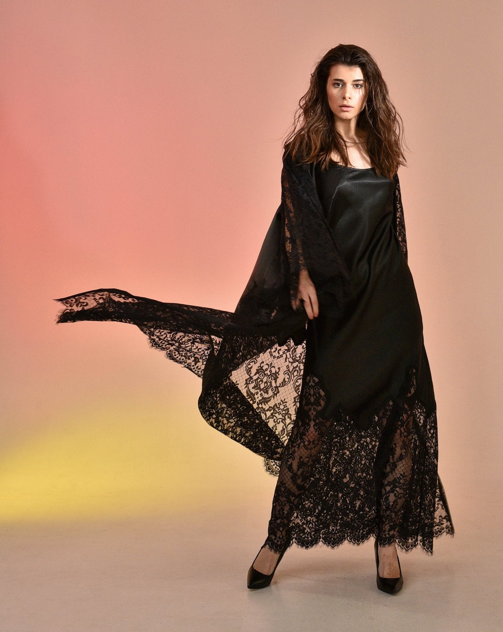 Black Lace Robe and Nightgown from Kafemme with Wide Sleeves