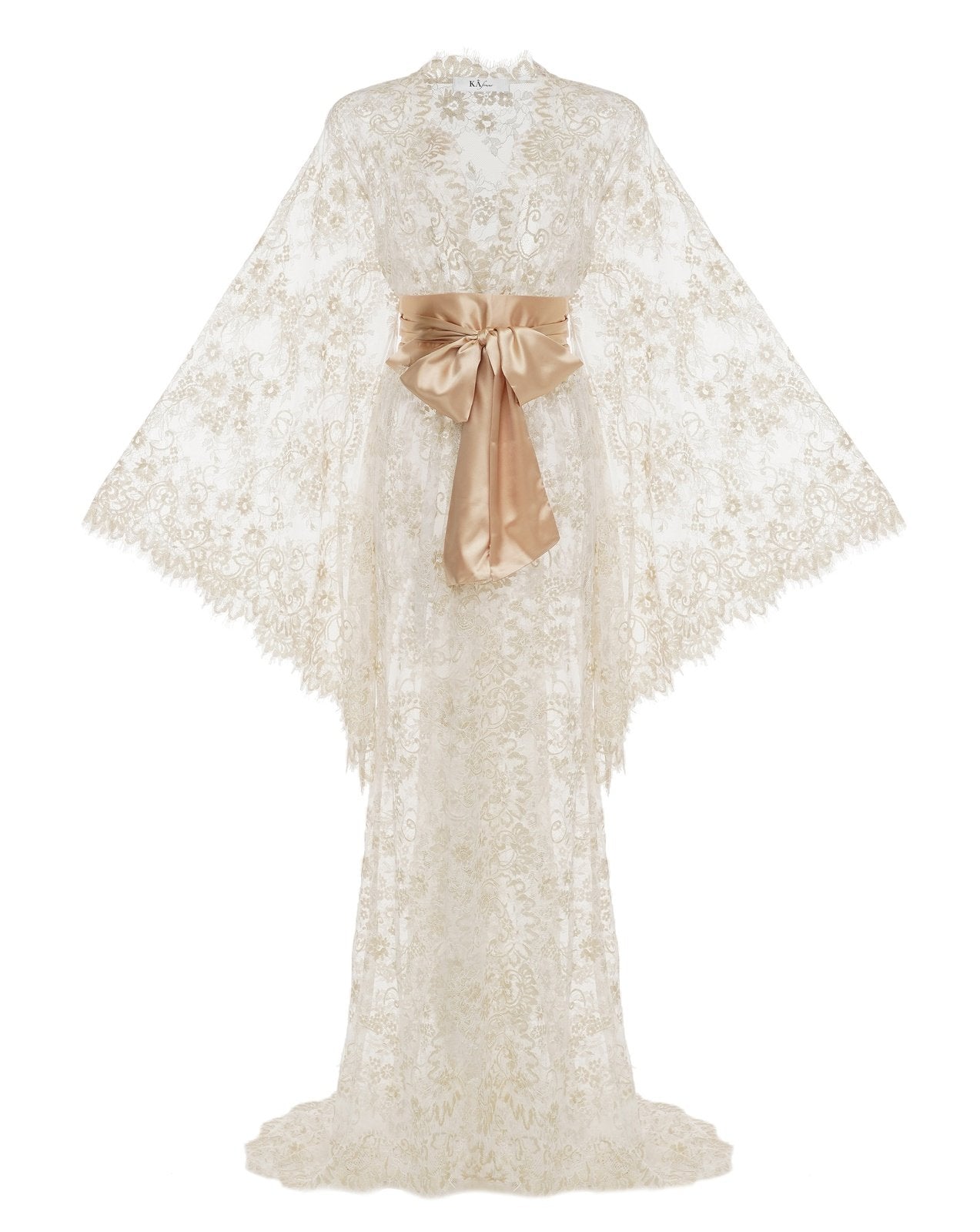 Lace Robe for Bride with wide sleeves, train, and champagne sash – Kafemme