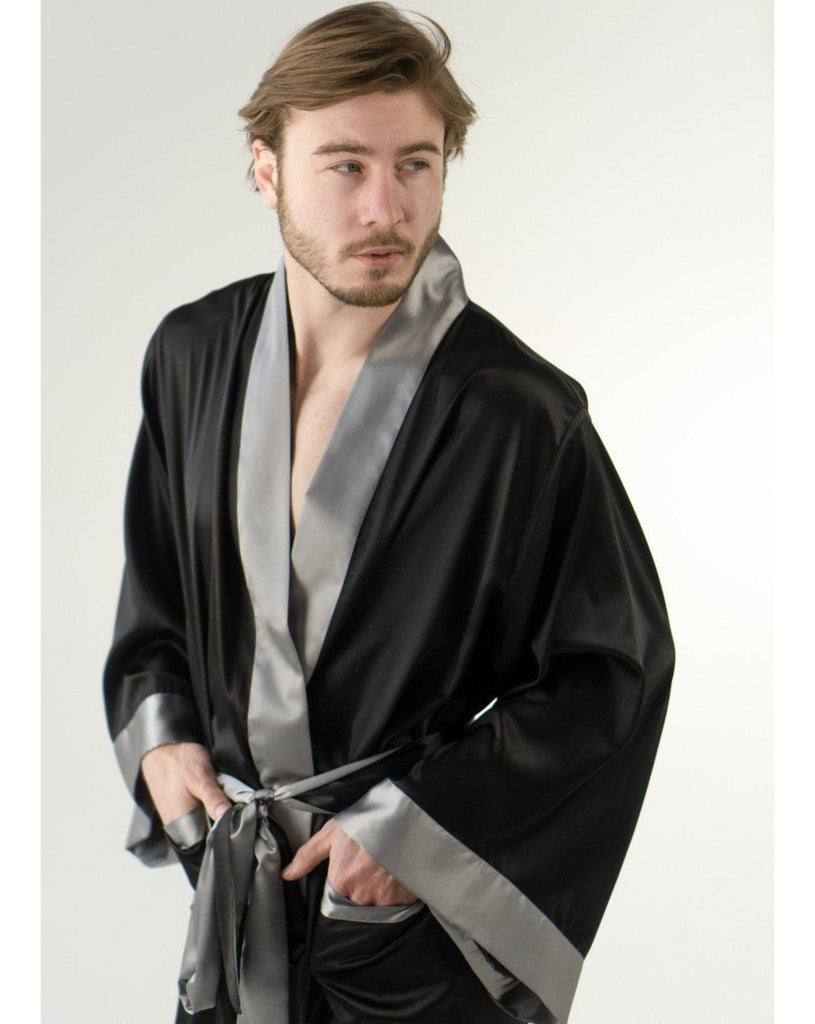 Mens Satin Silky Two-Tone Kimono Robe With Pockets, KÂfemme